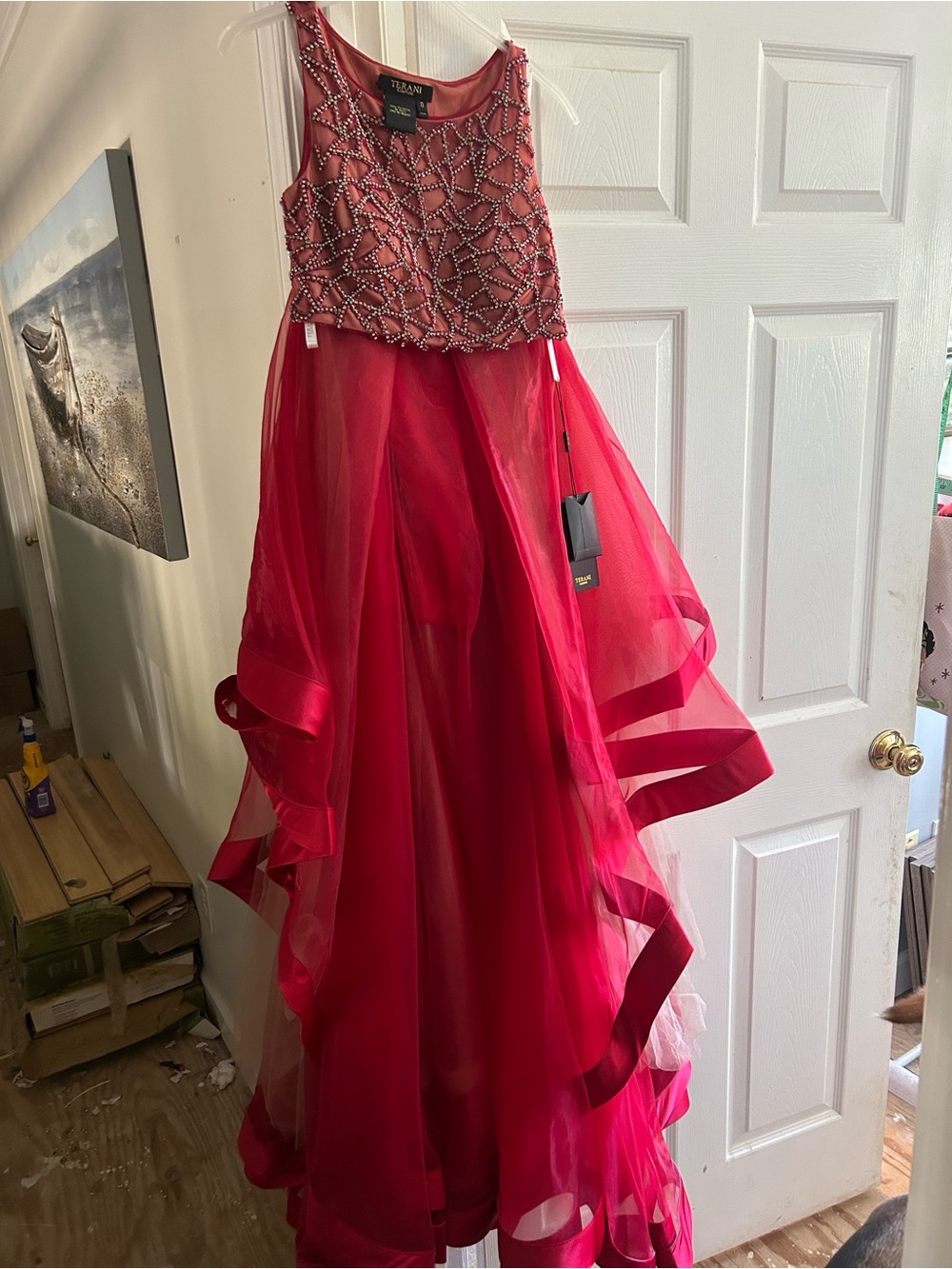 Terani Couture Hot Pink Beaded High-Low Prom Dress